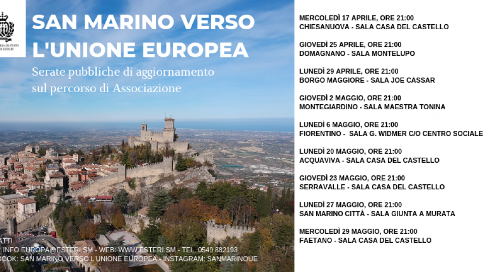 San Marino verso l’Unione europea: giovedì 25 aprile alla Sala Montelupo di Domagnano