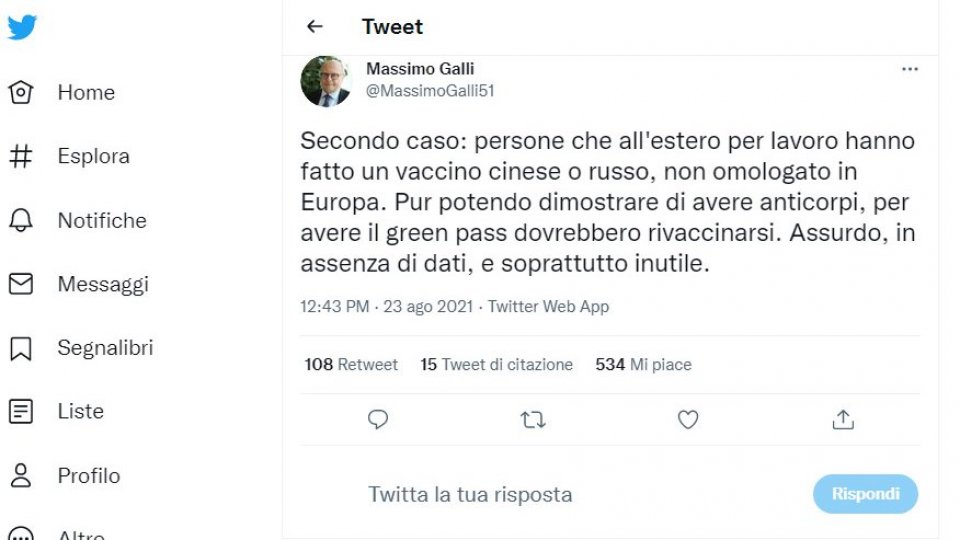 Il tweet di Massimo Galli