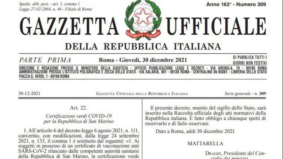 Green pass, proroga per i sammarinesi pubblicata in Gazzetta Ufficiale