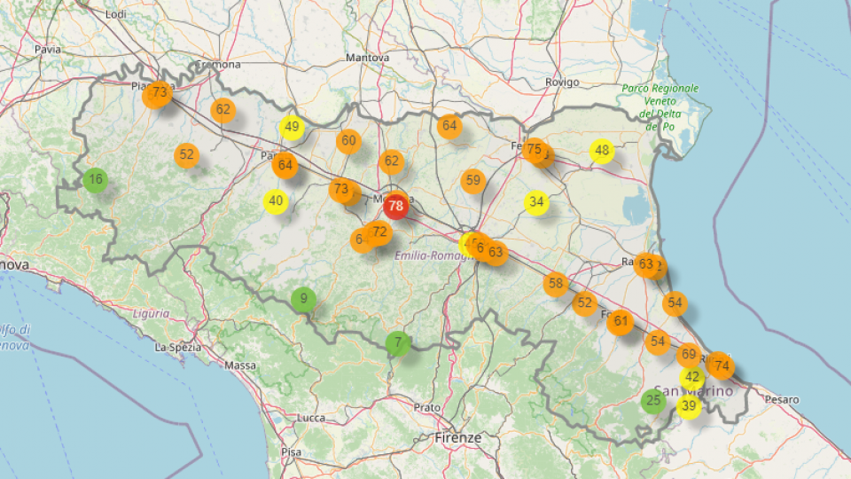 La mappa del limite PM10 in regione (Arpae)