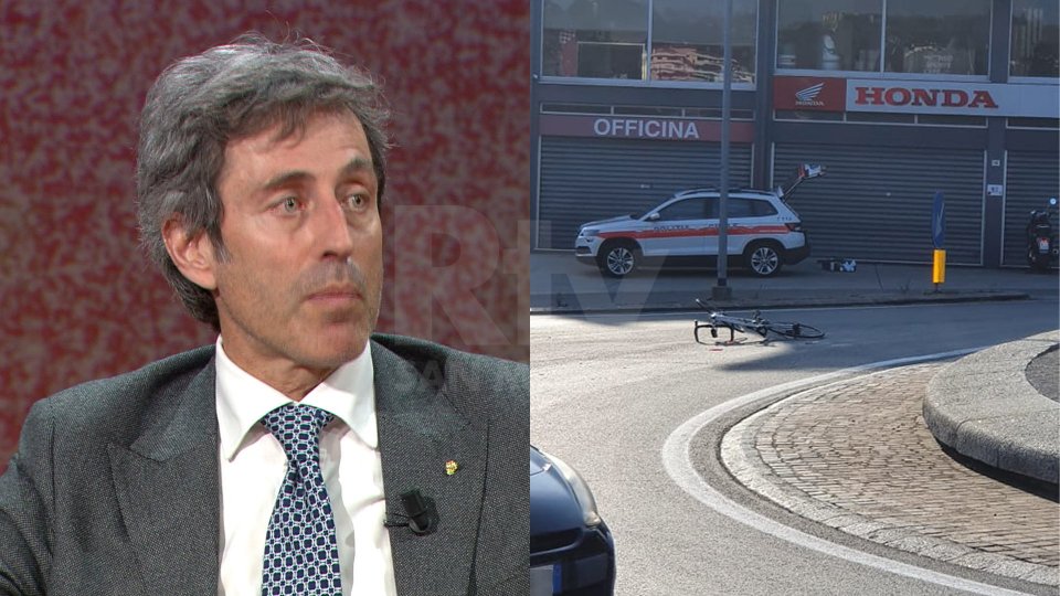 Il Segretario Andrea Belluzzi (foto archivio) e i rilievi dell'incidente (foto facebook Viabilità San Marino)