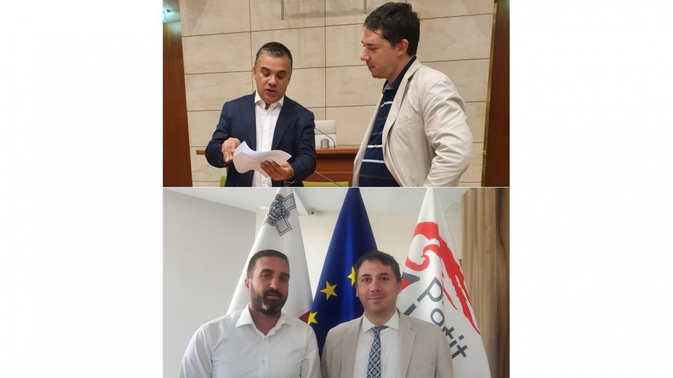Il Segretario Giovagnoli con l’Onorevole Bonett presso il Parlamento di Malta (in alto) e con il Segretario Internazionale del Partito Laburista Bonnici presso il quartier generale del Partito (in basso)