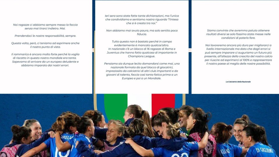 Le Calciatrici Azzurre: "Avremmo potuto ottenere risultati diversi se solo fossimo state messe nelle condizioni di poterlo fare"