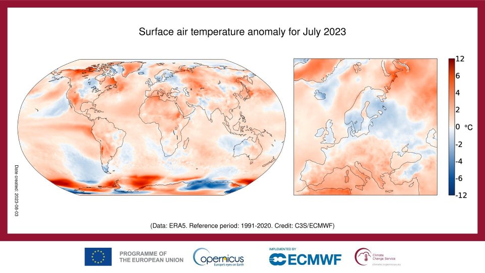 Copernicus EU: temperatura media di luglio 2023 la più alta mai registrata