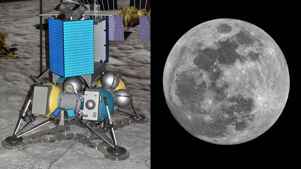 A sinistra la sonda russa Luna-25 (Immagine di @Pline in licenza creative commons). A destra la luna.