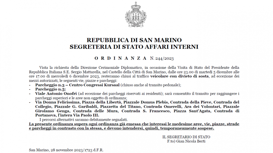 Segreteria Affari Esteri: Chiusure al traffico veicolare per la visita del Presidente della Repubblica Italiana