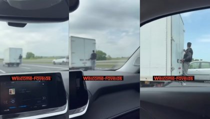 "Attaccato" sul retro di un furgone in A14 fra Rimini e Bologna, il video diventa virale