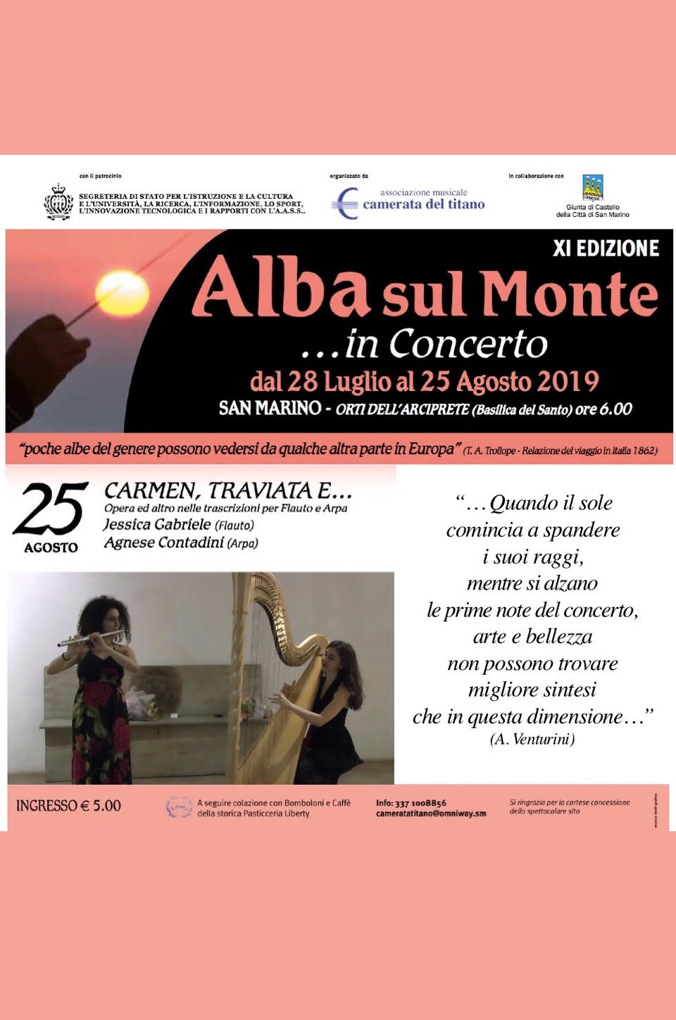 Due musiciste in concerto per l’Alba sul Monte Agnese Contadini, arpa, e Jessica Gabriele, flauto, per l’ultimo appuntamento d’agosto con la musica