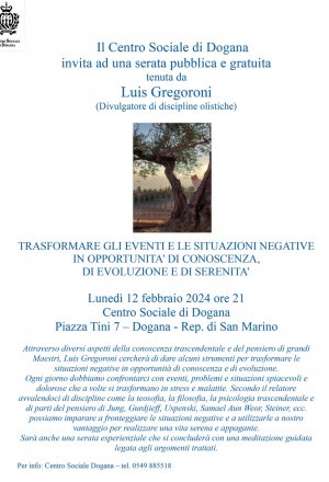 Centro Sociale Dogana: serata pubblica e gratuita tenuta da Luis Gregoroni